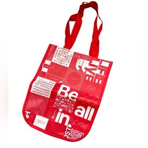 LULULEMON REUSABLE RED & WHITE LOVE MINI TOTE BAG WITH RED HANDLES SNAP CLOSURE